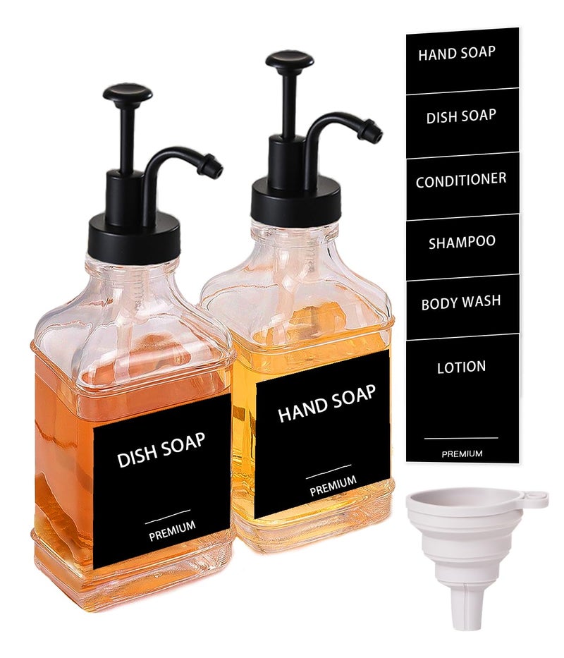 Hoousuper Dish Soap Dispenser for Kitchen, Hand Glass Soap Dispenser Set with Pump, Funnel for Bathroom, Shower, Laundry, Liquid, Lotion (Black 2 Pack 18 Oz Clear Bottles with 12 Stickers) - Image 1